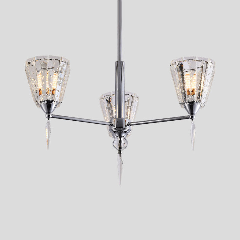 Clear Crystal Cone Shade Chandelier With Straight Metal Arms In Chrome 3 /