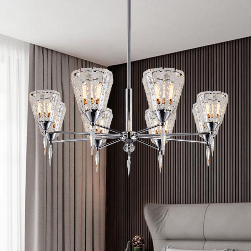Clear Crystal Cone Shade Chandelier With Straight Metal Arms In Chrome