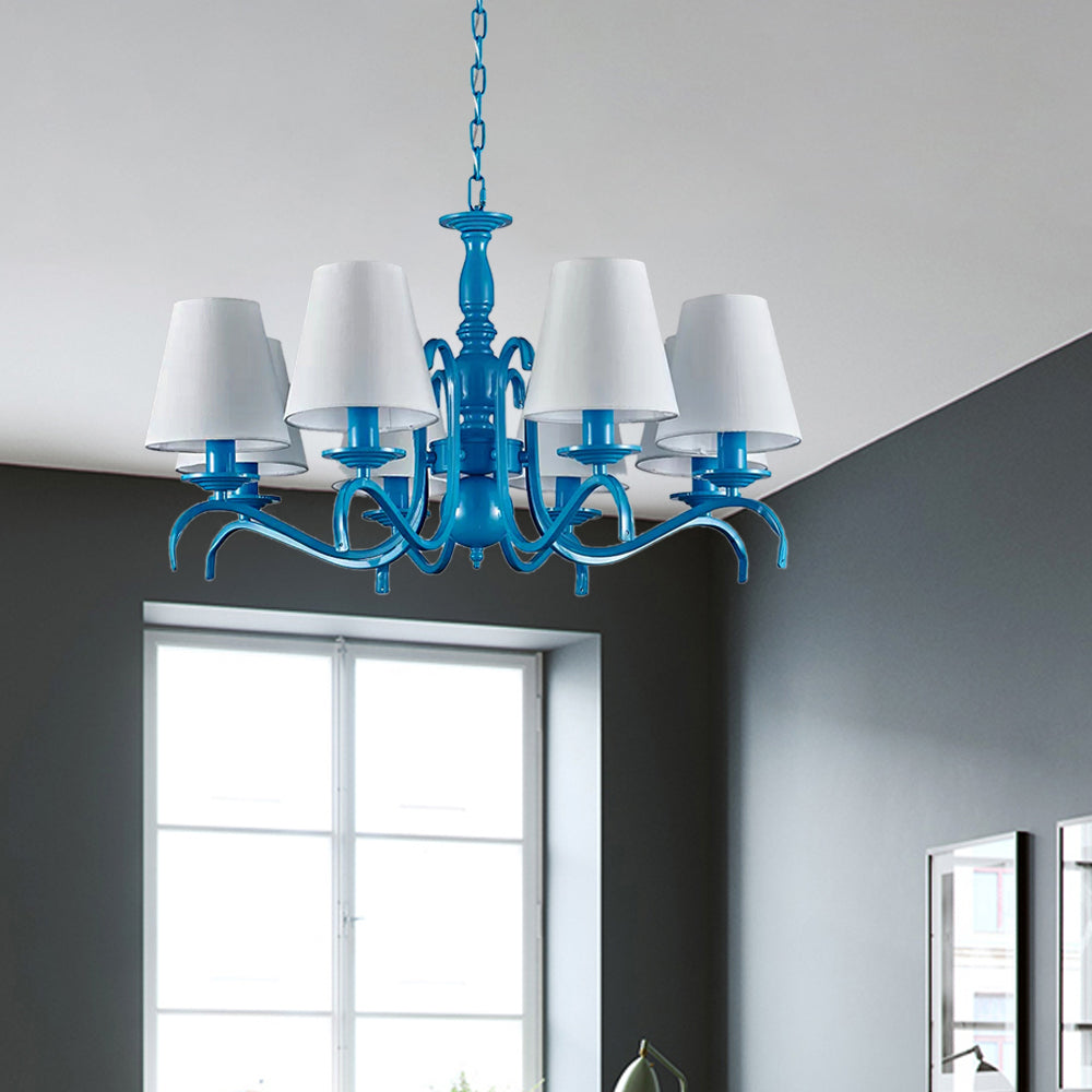 Nautical Suspension Chandelier - Tapered Metal Shade 10 Blue Heads Living Room Light White