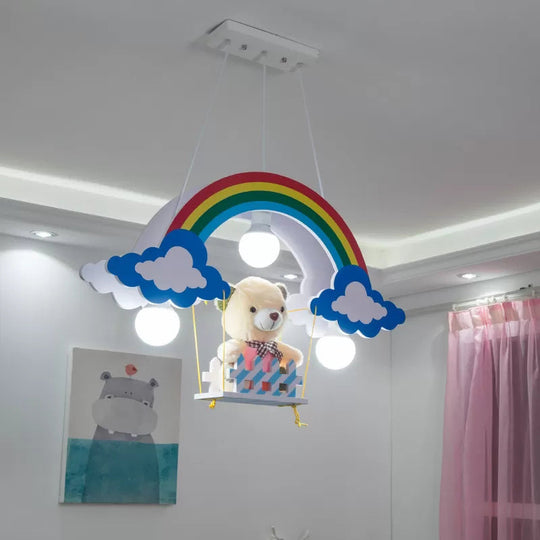 Child Bedroom Wood Rainbow Chandelier - Multi-Color Pendant Light With Toy Bear 3 Lights