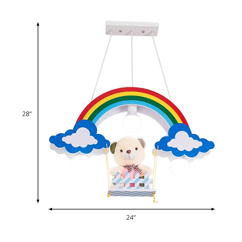 Child Bedroom Wood Rainbow Chandelier - Multi-Color Pendant Light With Toy Bear 3 Lights