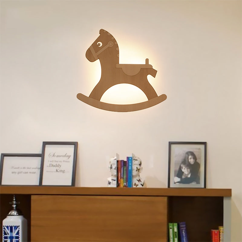 Rocking Horse Sconce: Kids Led Wall Lamp Beige Wooden Creative Light For Living Room Wood