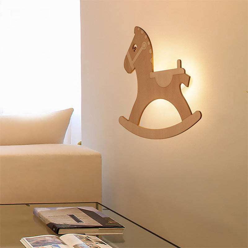 Rocking Horse Sconce: Kids Led Wall Lamp Beige Wooden Creative Light For Living Room
