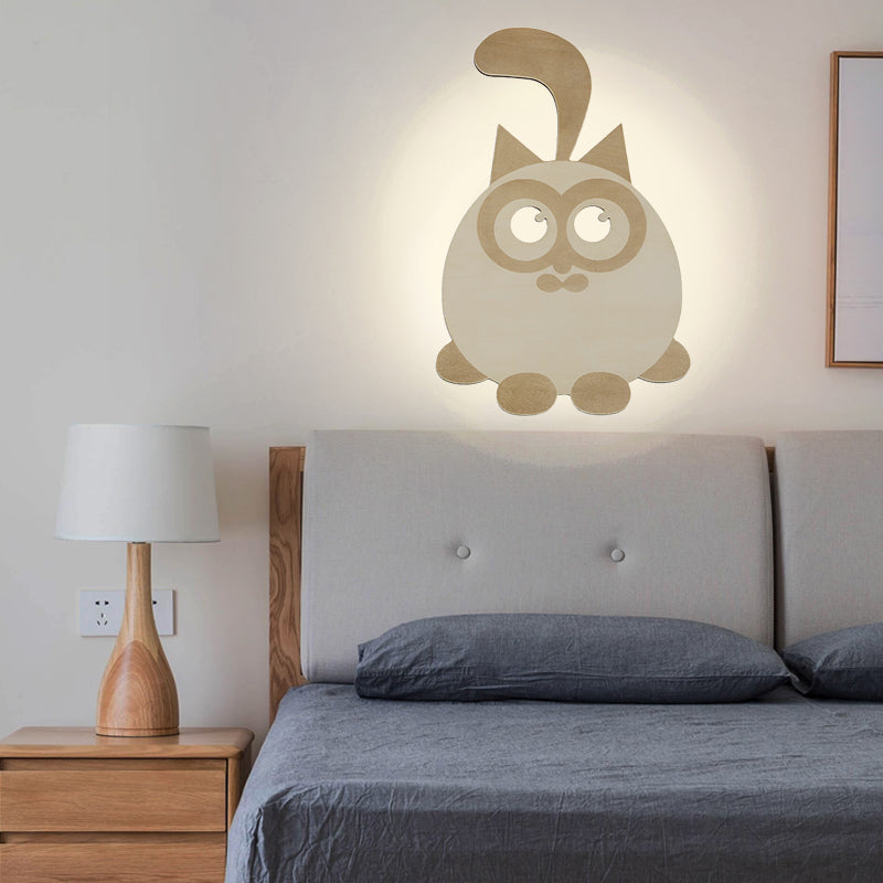 Cute Wooden Led Wall Light For Kids Bedroom - Circular Kitten Sconce Animal Lighting Wood