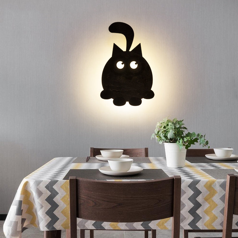 Cute Wooden Led Wall Light For Kids Bedroom - Circular Kitten Sconce Animal Lighting Black