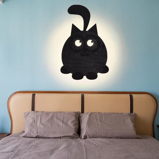 Cute Wooden Led Wall Light For Kids Bedroom - Circular Kitten Sconce Animal Lighting