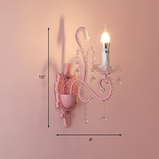 Modern Metallic Scroll Arm Wall Lamp With Crystal Orb Deco Pink
