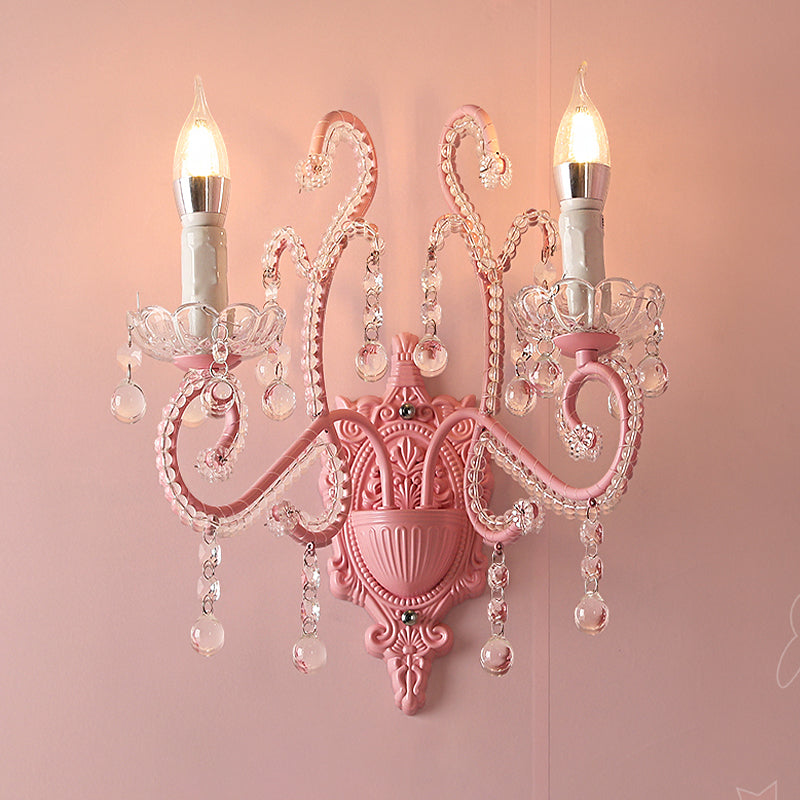 Modern Metallic Scroll Arm Wall Lamp With Crystal Orb Deco Pink 2 /
