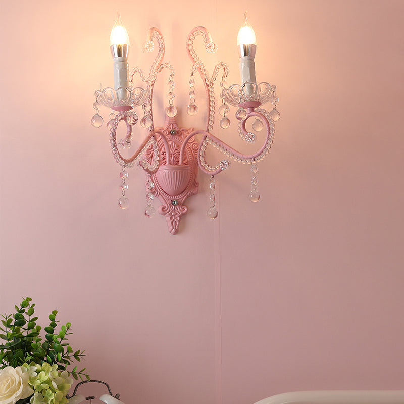 Modern Metallic Scroll Arm Wall Lamp With Crystal Orb Deco Pink