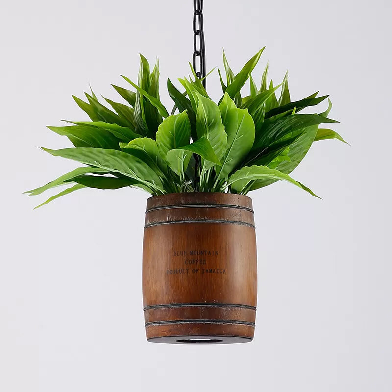 Industrial 1 Head Bucket Wood Pendant Light In Coffee With Plant Deco - Dining Room Ceiling Lamp