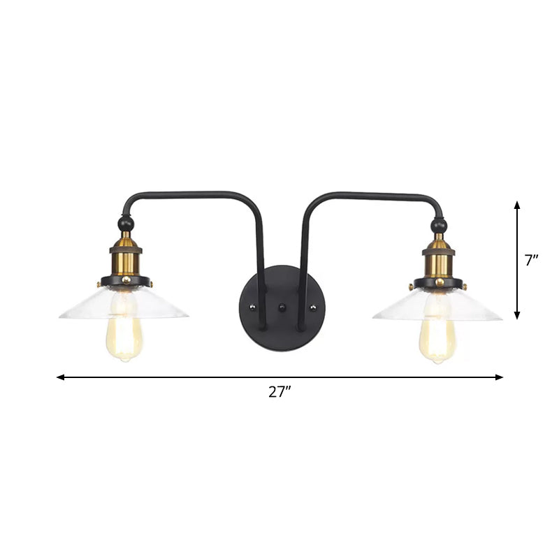 Modern Industrial Conic Sconce - Black Metal Wall Mount Lamp With 2 Bulbs For Indoor Lighting