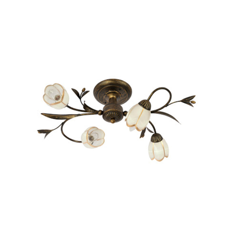 Rural Cream Glass 4/8/12-Light Bedroom Chandelier - Antique Brass Ceiling Mounted 4 /