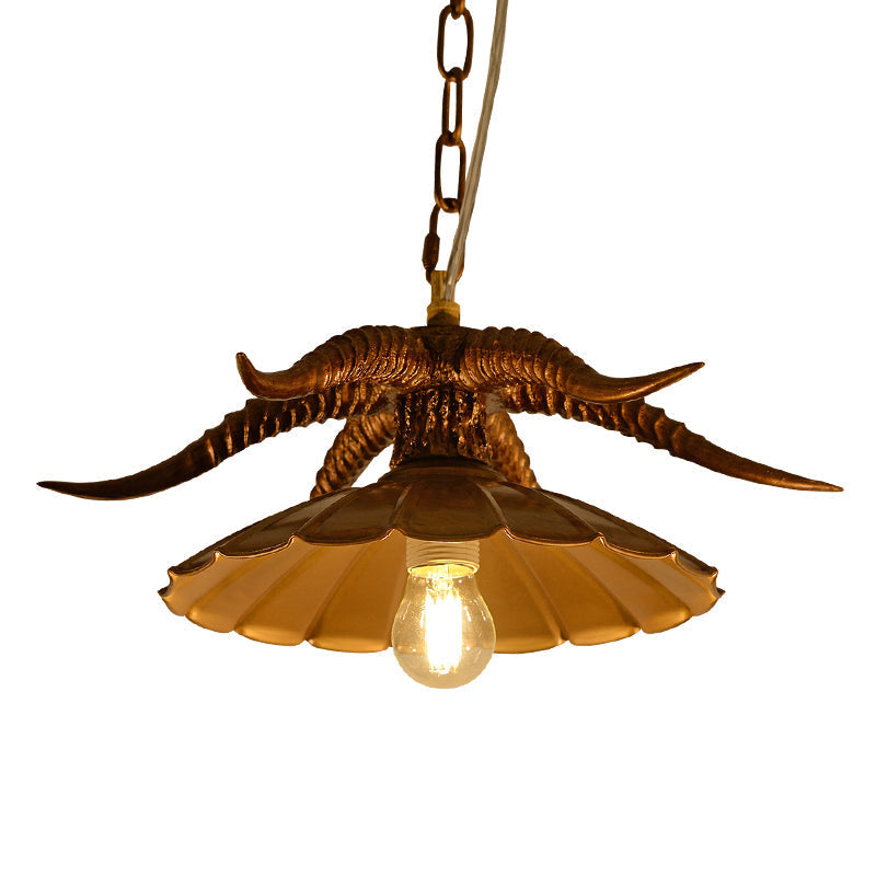 Rustic Resin Ox Horn Hanging Lamp: Brass/White Pendant Light With Scalloped Shade