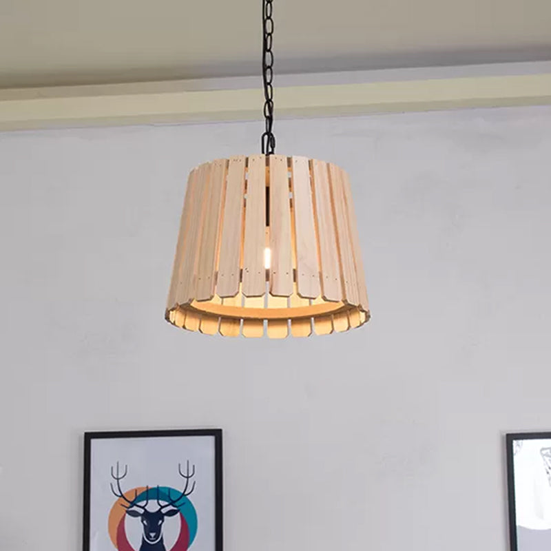 Rustic Hollowed Barrel Wood Pendant Lamp With Chain - Perfect For Hanging Over Tables