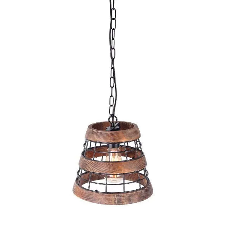 Rustic Metal Tapered Pendant Light - Dark Wood Kitchen Fixture With Wire Guard