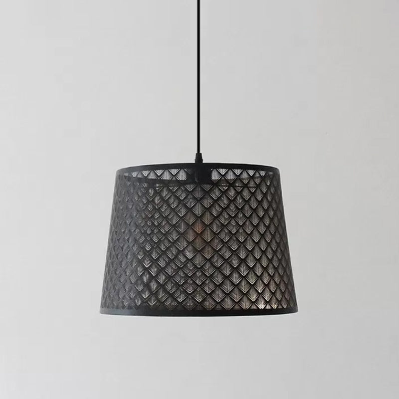 Black Metal Wire Cage Pendant Lamp With Etched Tree Patterned Drum Shade For Dining Room