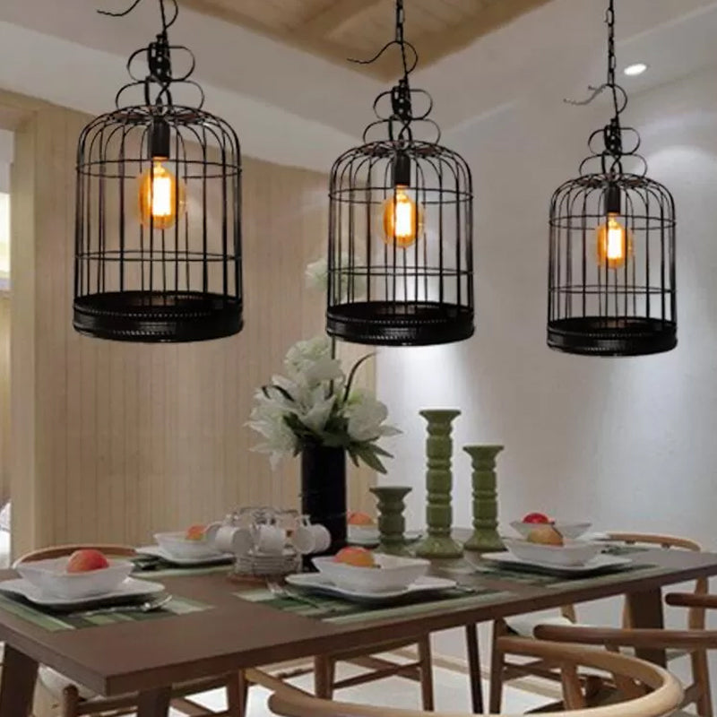 Rustic Metal Birdcage Pendant Light - Black/White 8/10/16 Wide Single Drop Lamp For Dining Room