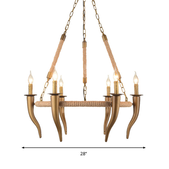 Rustic Wagon Wheel Ceiling Pendant - Khaki Metallic Chandelier Light With Ox Horn 3/6-Light Options