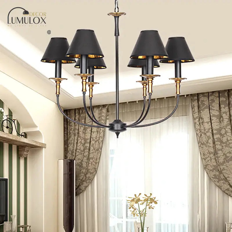 Traditional Cone Shape Chandelier 3/4/6-Head Fabric Hanging Pendant in Black/Chrome with Swooping Arm