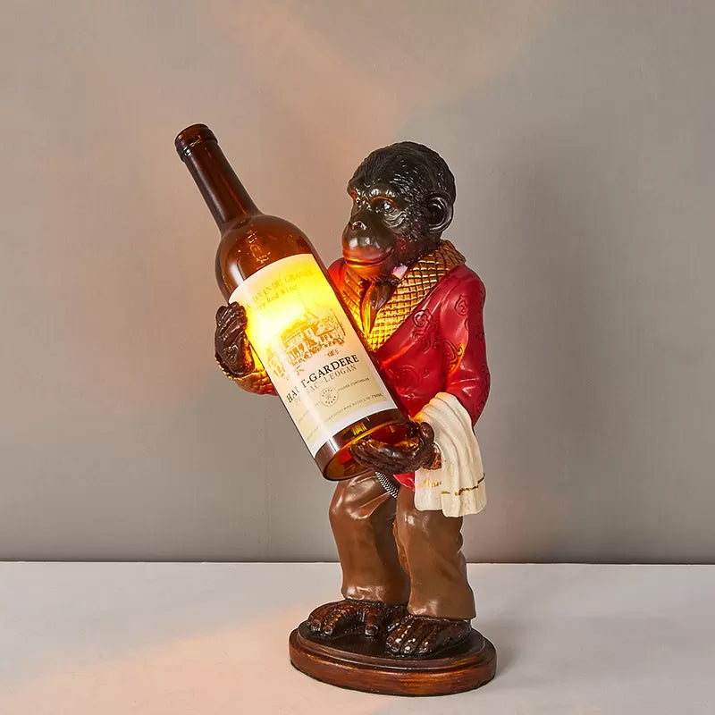 Retro Gorilla Wine Holder 1-Light Desk Lamp In Amber Glass For Night Table Red/Gold