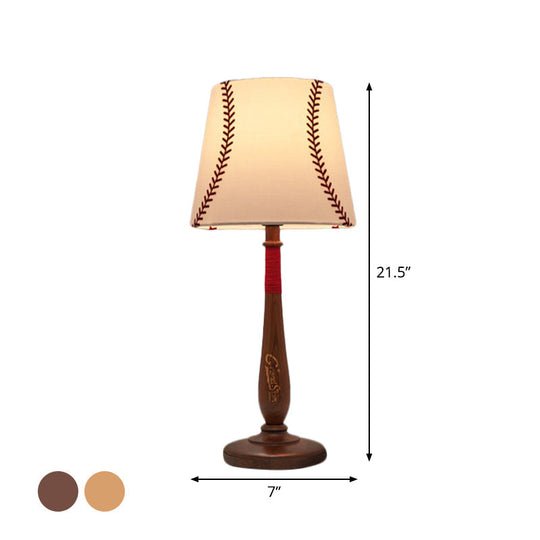 Modern Conical Fabric Table Light - 1-Light Brown/Wood Nightstand Lamp With Baseball Design