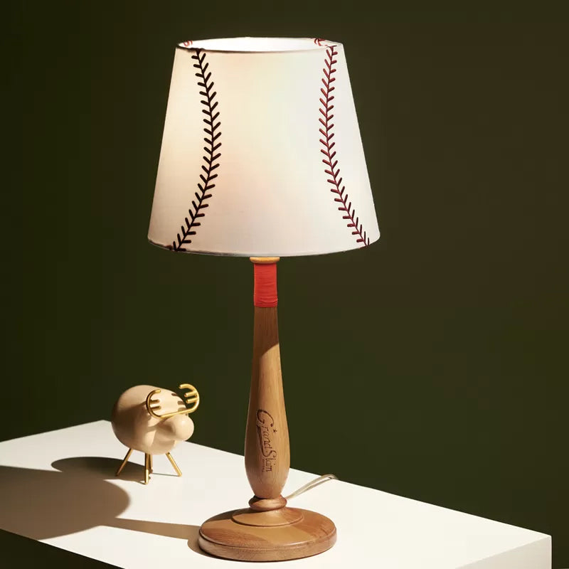 Modern Conical Fabric Table Light - 1-Light Brown/Wood Nightstand Lamp With Baseball Design Wood