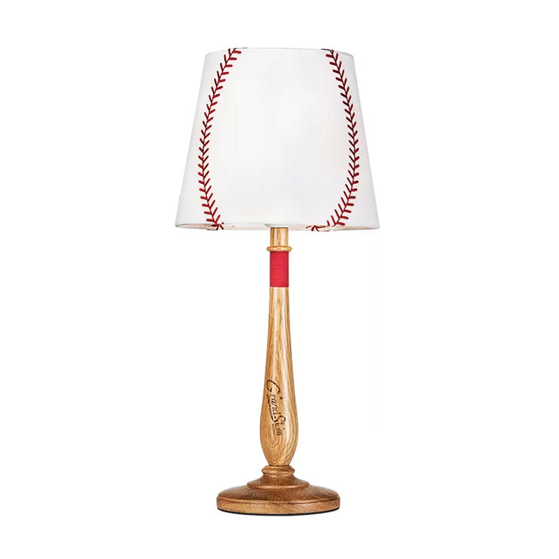 Modern Conical Fabric Table Light - 1-Light Brown/Wood Nightstand Lamp With Baseball Design