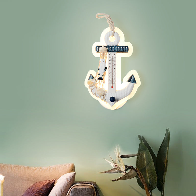 White Resin Led Anchor Wall Sconce For Kids With Fishing Net Deco
