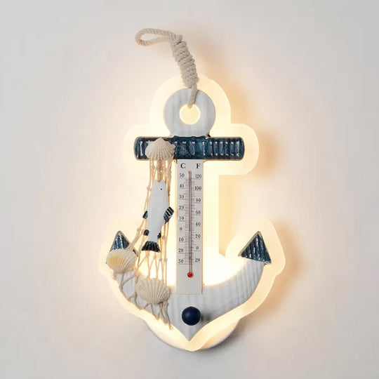 White Resin Led Anchor Wall Sconce For Kids With Fishing Net Deco