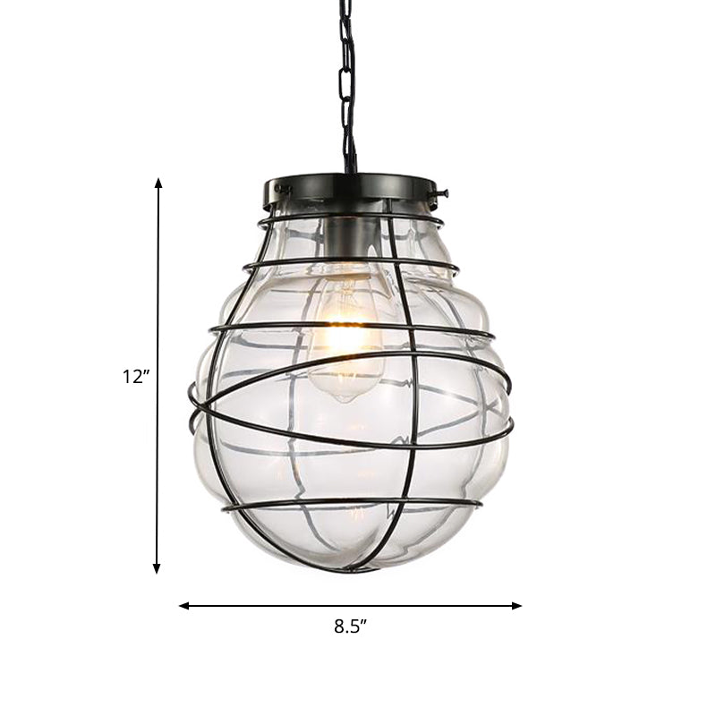 Wire Frame Pendant Lamp - Industrial Style Ceiling Fixture 8.5/9/11 W 1 Light Clear Glass & Metal