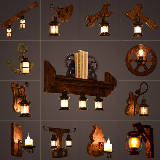 Nautical Wood Kerosene Lantern Wall Lamp: Brown Mount Light With Backplate