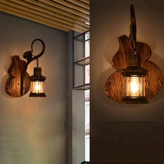 Nautical Wood Kerosene Lantern Wall Lamp: Brown Mount Light With Backplate / E