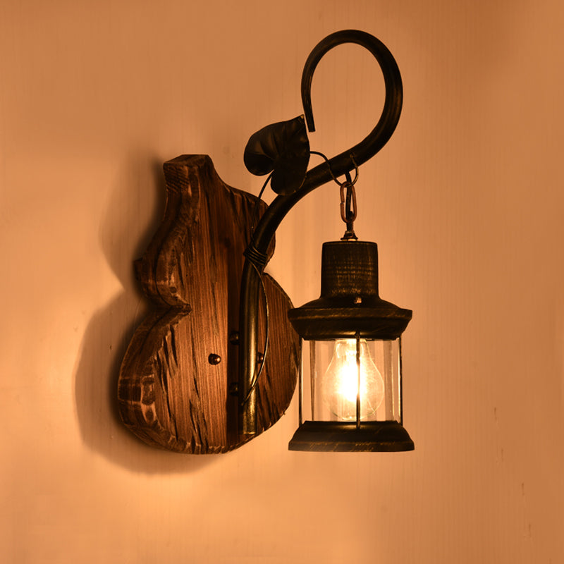Nautical Wood Kerosene Lantern Wall Lamp: Brown Mount Light With Backplate