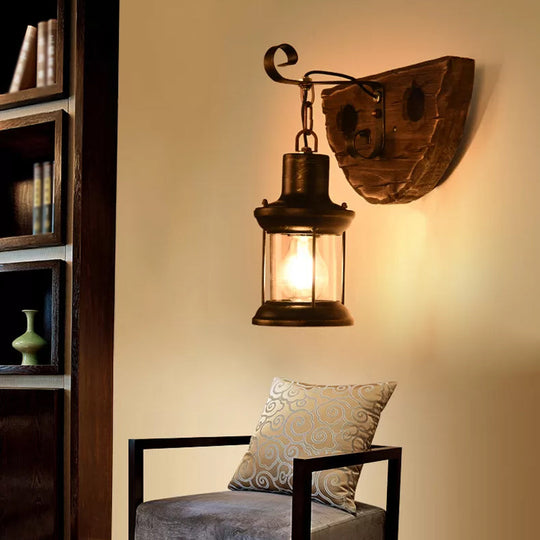 Nautical Wood Kerosene Lantern Wall Lamp: Brown Mount Light With Backplate / A