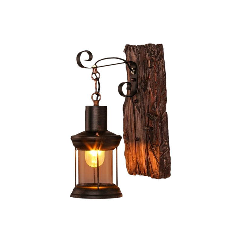 Nautical Wood Kerosene Lantern Wall Lamp: Brown Mount Light With Backplate / G