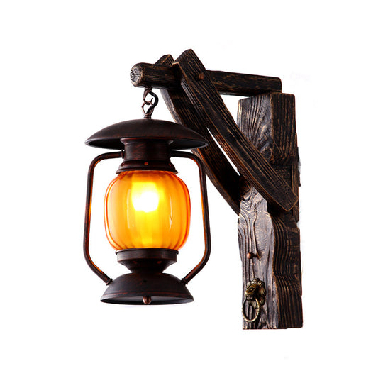 Nautical Wood Kerosene Lantern Wall Lamp: Brown Mount Light With Backplate / D