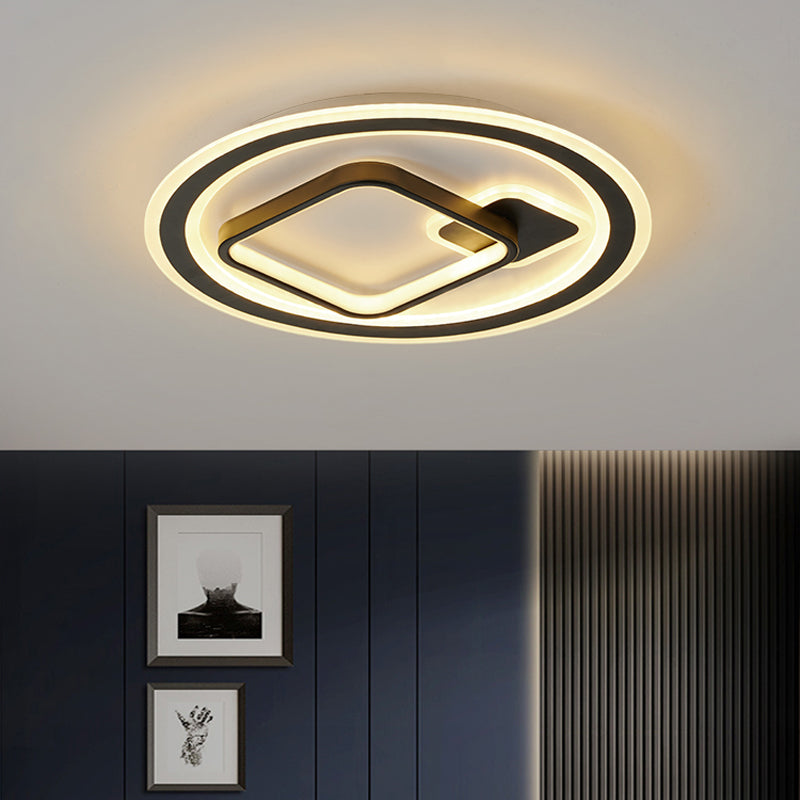 Modern Led Flush Mount Lamp In Black - Round/Square Hotel Ceiling Fixture Aluminum Design With