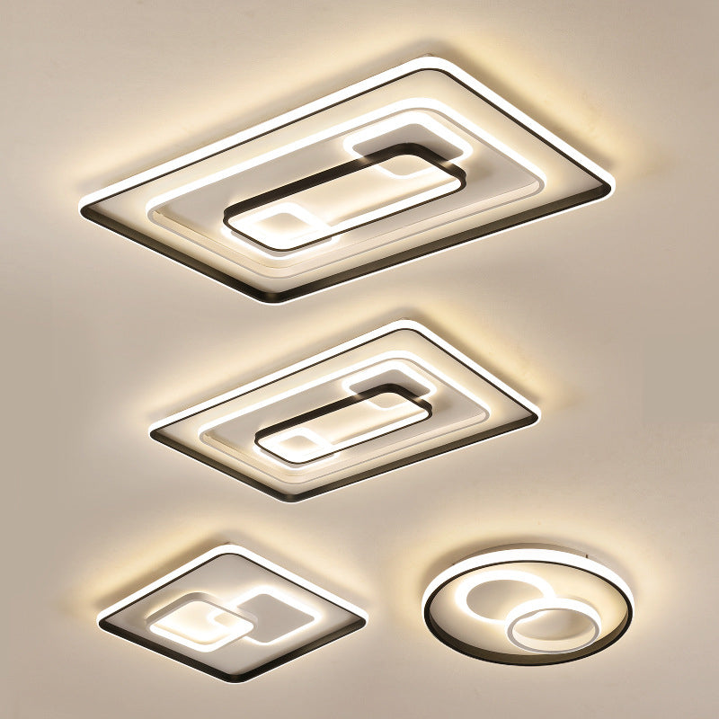 Modern Led Flush Light In Warm/White For Bedroom - Round/Square/Rectangular Shape Aluminum Black