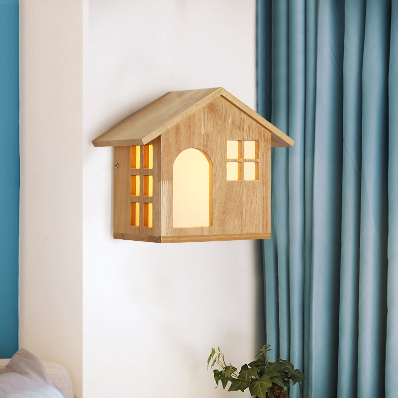 Lodge Shaped Wood Beige Wall Sconce Light For Kids Restaurant & Bedroom