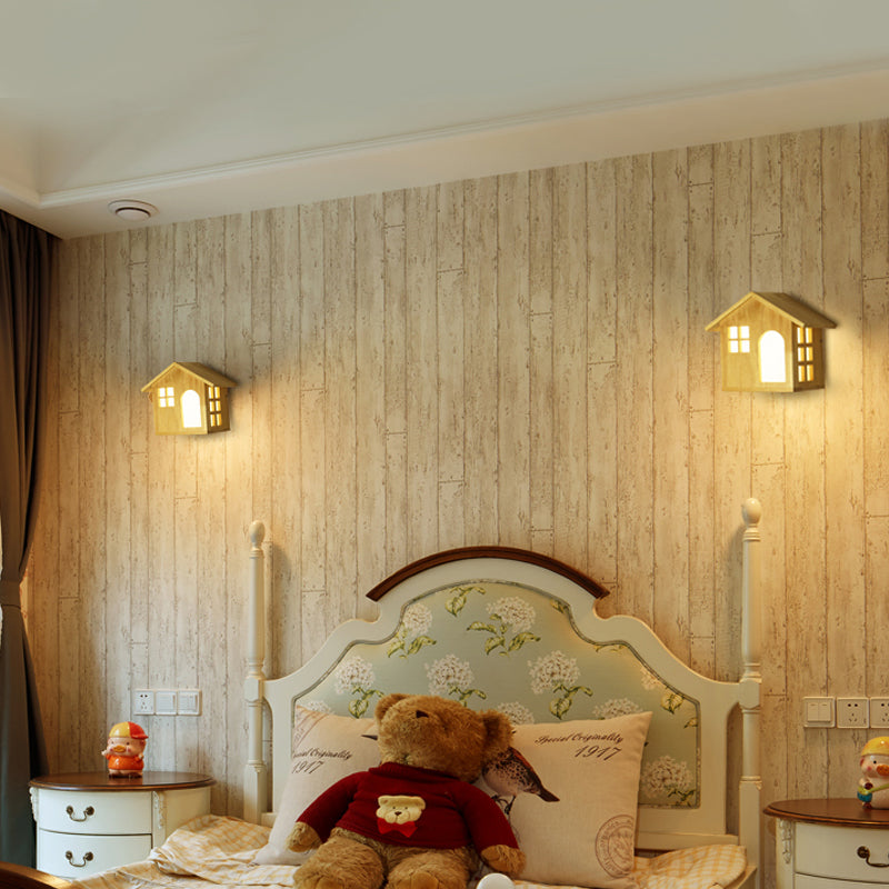 Lodge Shaped Wood Beige Wall Sconce Light For Kids Restaurant & Bedroom