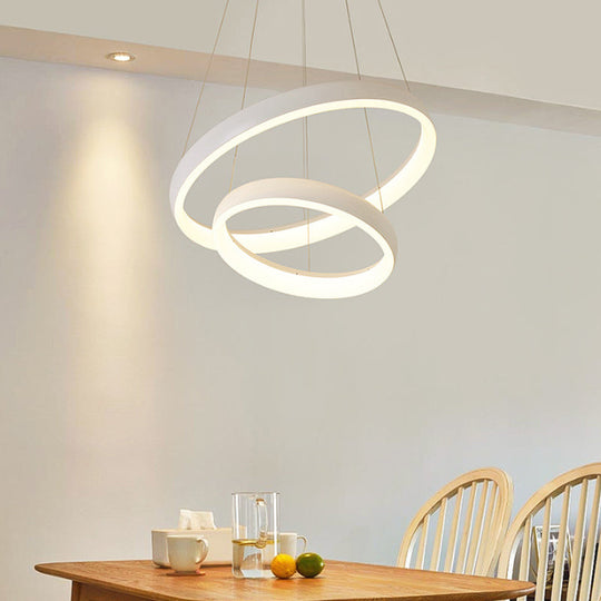 Nordic Metallic Led Pendant Light In White - Circle Chandelier For Dining Room Choice Of 1/2/3