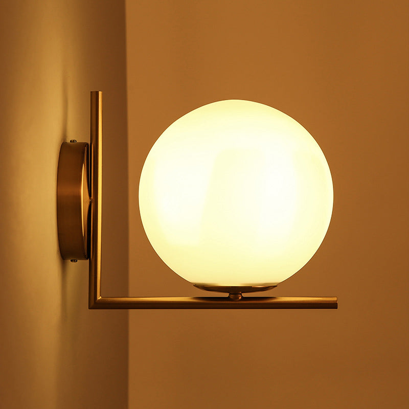 Frosted White Glass Ball Wall Light With Gold Arm - Minimalist 1 Head Lamp (Warm/White Light)