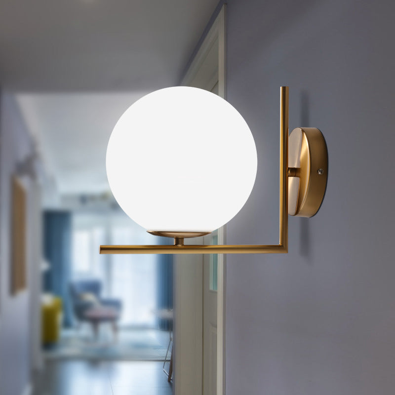 Frosted White Glass Ball Wall Light With Gold Arm - Minimalist 1 Head Lamp (Warm/White Light)