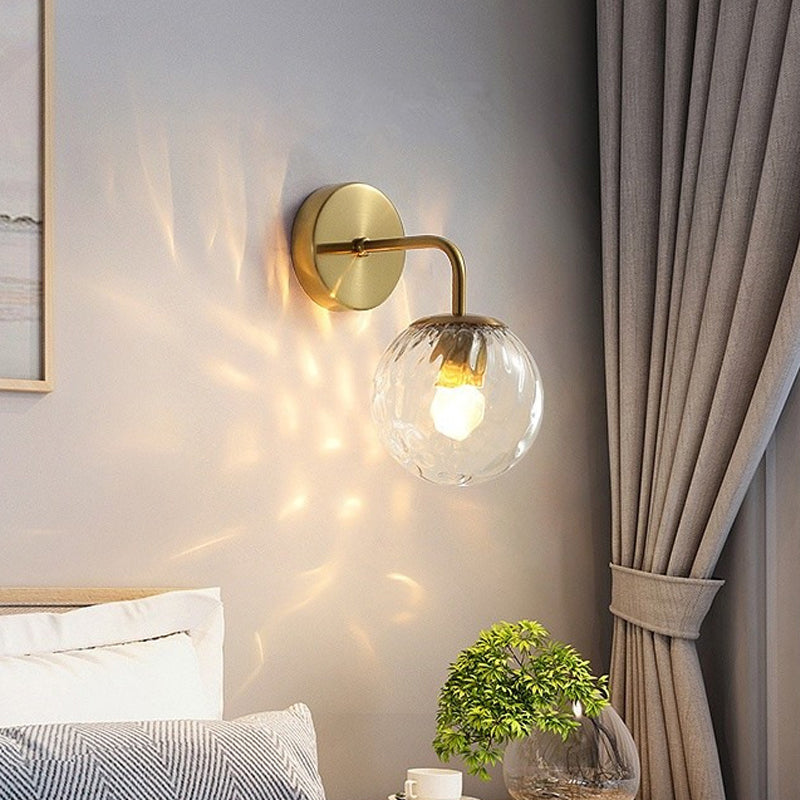Minimalist Glass Ball Wall Lamp With Ripple Effect And Bent Arm In Black/Gold - Ideal For Bedroom