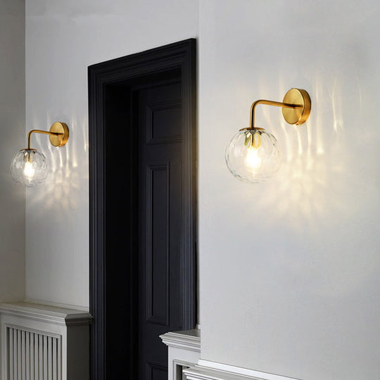 Minimalist Glass Ball Wall Lamp With Ripple Effect And Bent Arm In Black/Gold - Ideal For Bedroom
