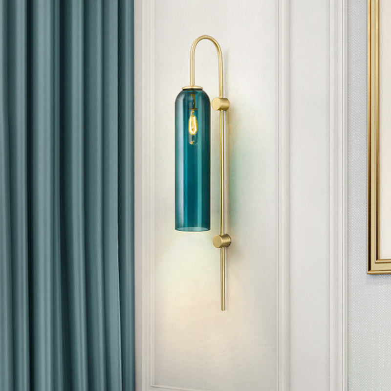 Mid Century Gooseneck Wall Sconce Brass Finish With Blue Glass Shade