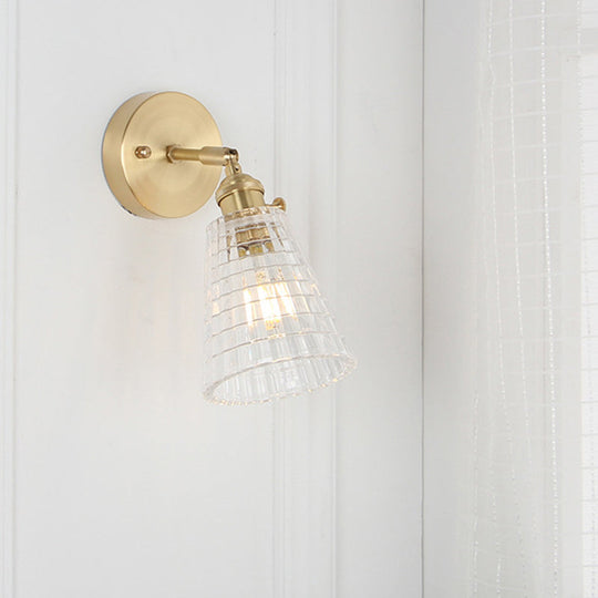 Postmodern Gold Wall Light With Clear Ribbed Glass - Conical Design Rotating Feature 1 Kit / B