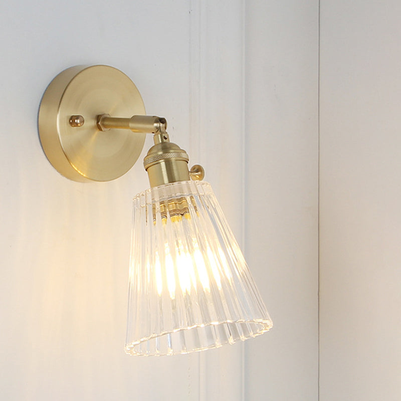 Postmodern Gold Wall Light With Clear Ribbed Glass - Conical Design Rotating Feature 1 Kit / C