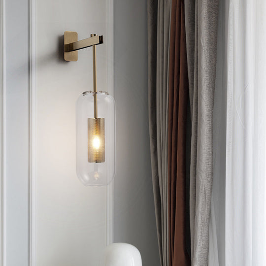 Postmodern Capsule Wall Hanging Light Clear Glass Bedside Lamp 1 Bulb Interior Mesh Guard Black/Gold