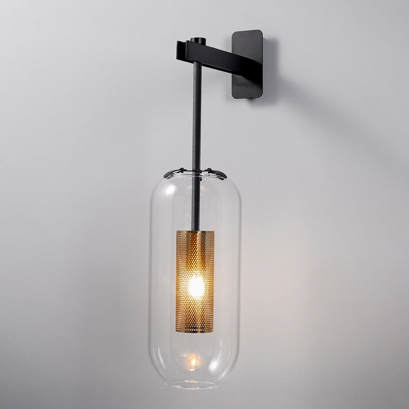 Postmodern Capsule Wall Hanging Light Clear Glass Bedside Lamp 1 Bulb Interior Mesh Guard Black/Gold